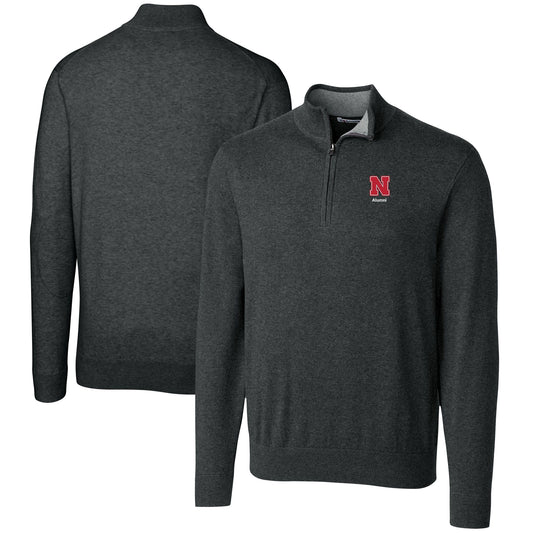 Men's Cutter & Buck  Heather Charcoal Nebraska Huskers Alumni Logo Lakemont Tri-Blend Quarter-Zip Pullover Sweater