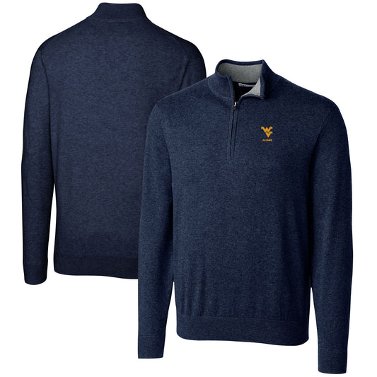 Men's Cutter & Buck  Navy West Virginia Mountaineers Alumni Logo Lakemont Tri-Blend Quarter-Zip Pullover Sweater