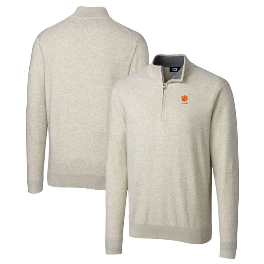 Men's Cutter & Buck  Oatmeal Clemson Tigers Alumni Logo Lakemont Tri-Blend Quarter-Zip Pullover Sweater