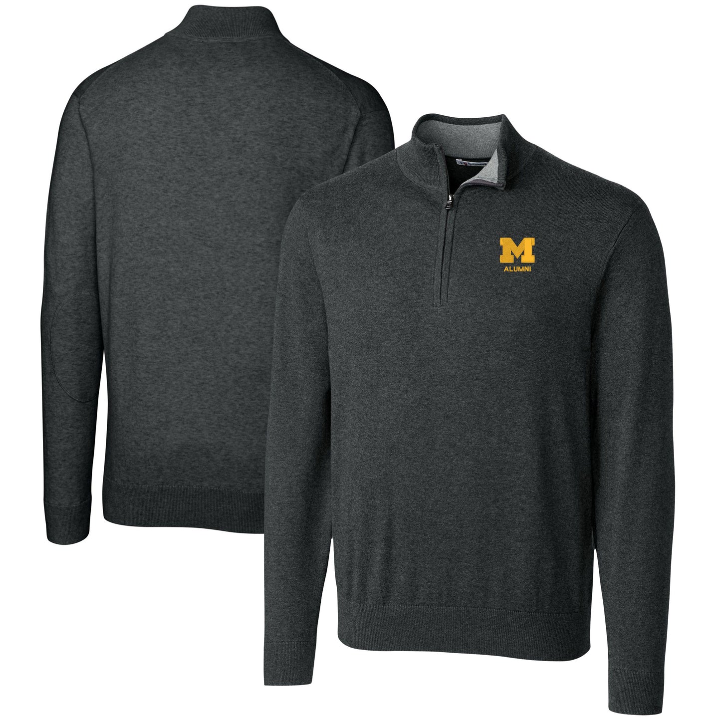 Men's Cutter & Buck  Heather Charcoal Michigan Wolverines Alumni Logo Lakemont Tri-Blend Quarter-Zip Pullover Sweater