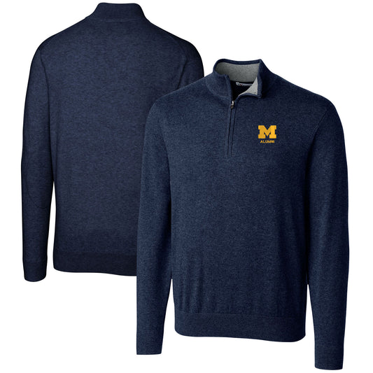 Men's Cutter & Buck  Navy Michigan Wolverines Alumni Logo Lakemont Tri-Blend Quarter-Zip Pullover Sweater