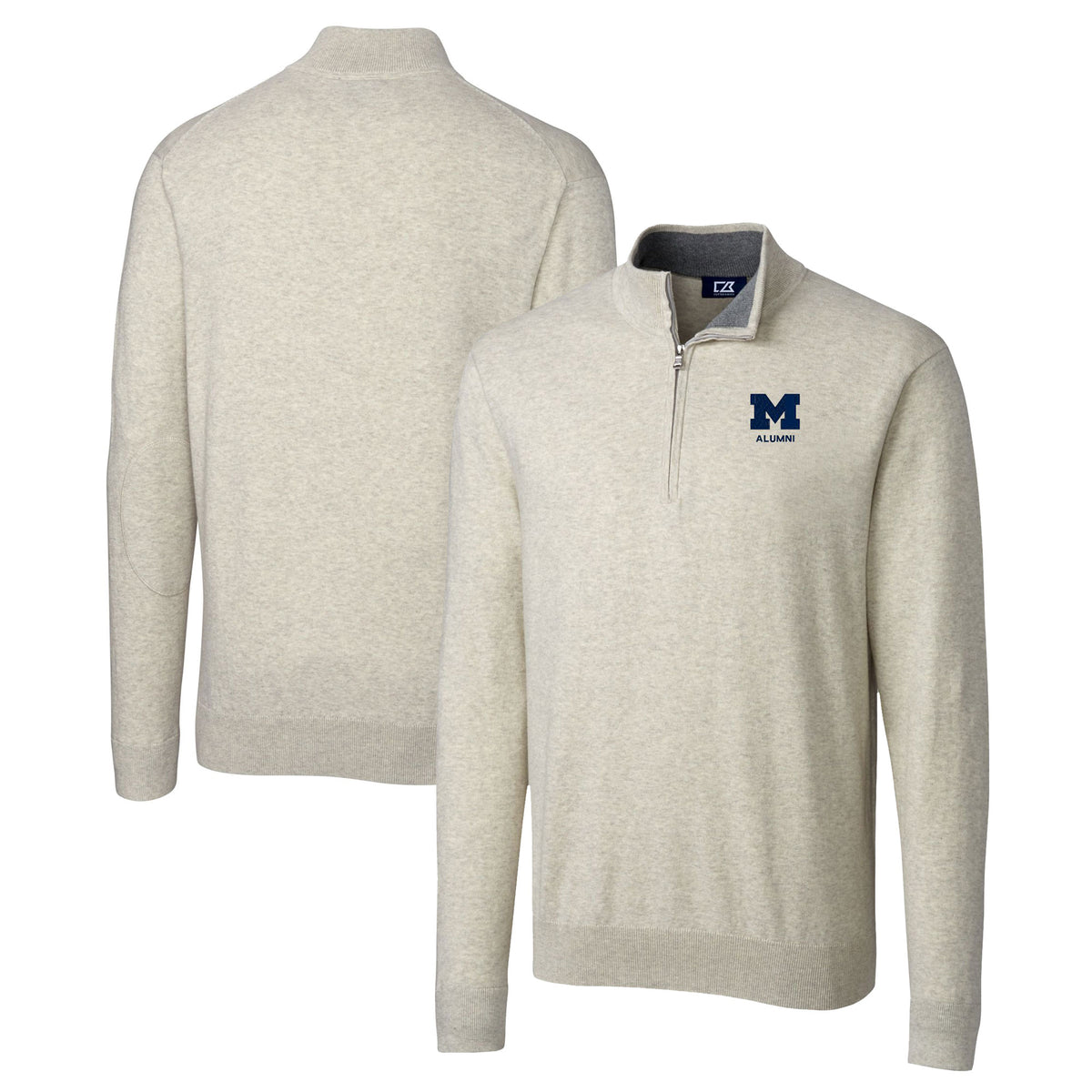 Men's Cutter & Buck  Oatmeal Michigan Wolverines Alumni Logo Lakemont Tri-Blend Quarter-Zip Pullover Sweater