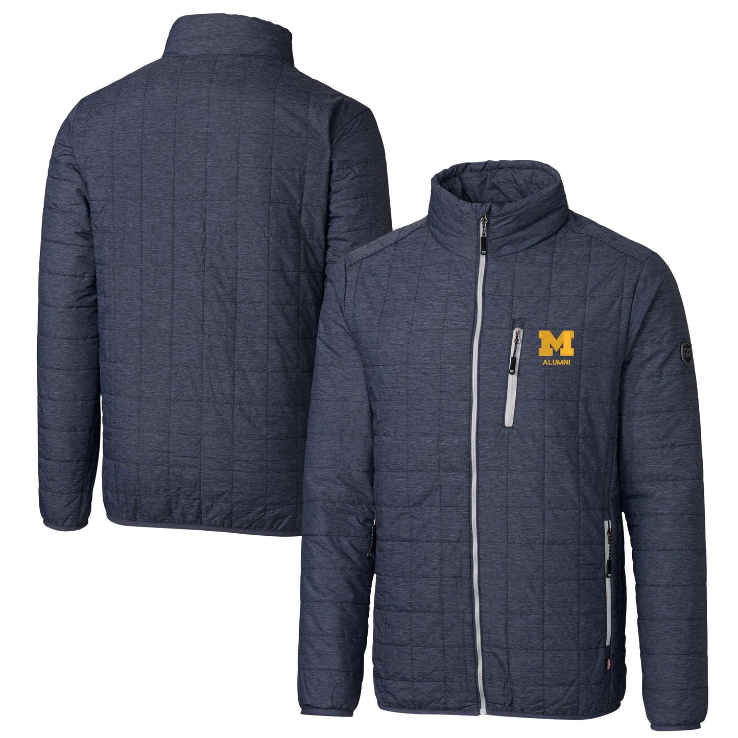 Men's Cutter & Buck  Anthracite Michigan Wolverines Alumni Logo Rainier PrimaLoft Eco Insulated Full-Zip Puffer Vest