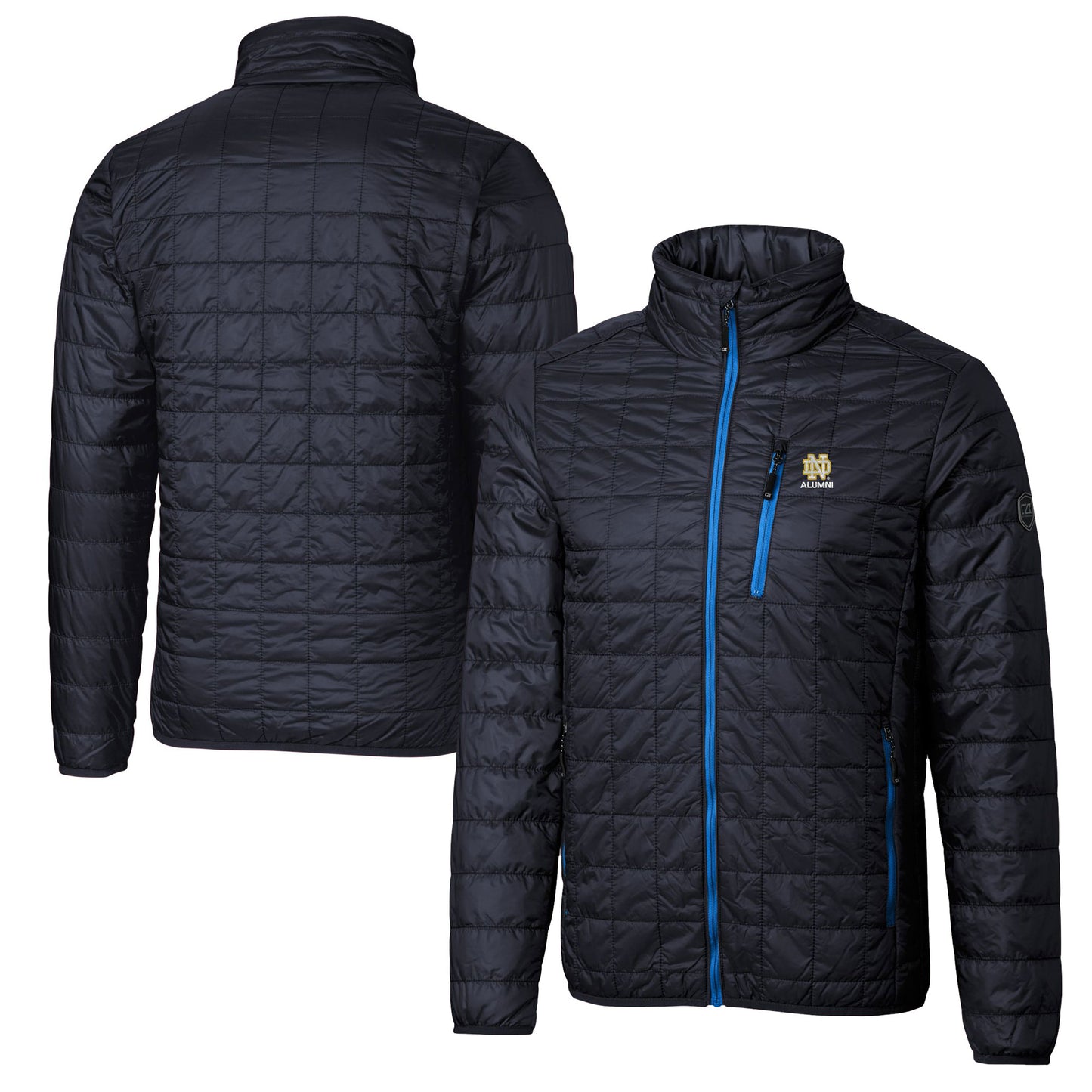 Men's Cutter & Buck  Navy Notre Dame Fighting Irish Alumni Logo Rainier PrimaLoft Eco Insulated Full-Zip Puffer Vest