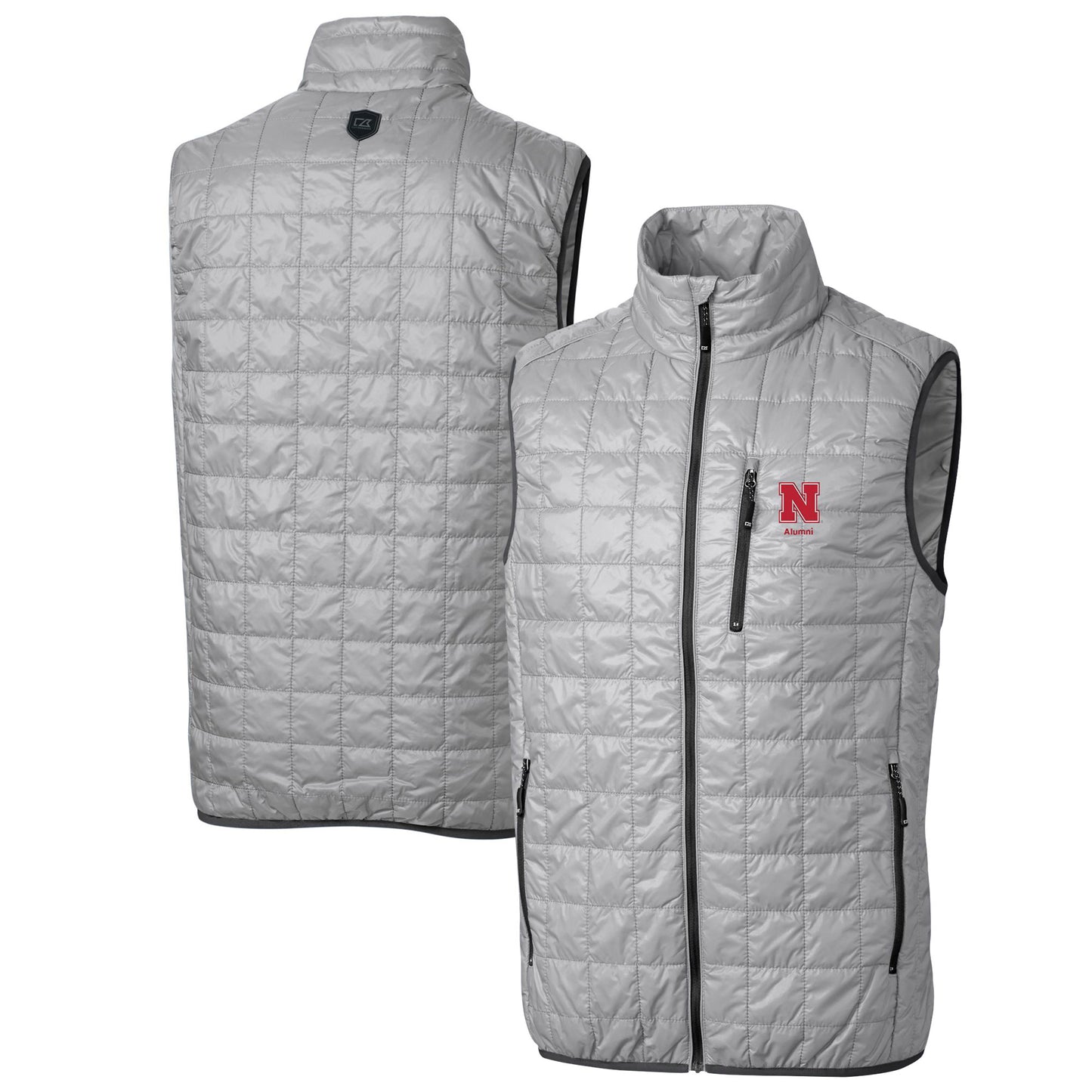 Men's Cutter & Buck  Gray Nebraska Huskers Alumni Logo Rainier PrimaLoft Eco Insulated Full-Zip Puffer Vest