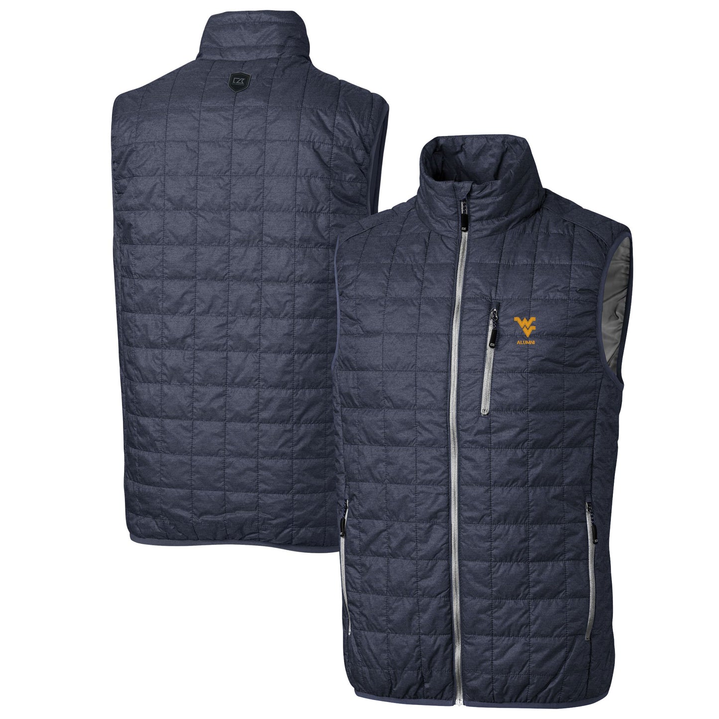 Men's Cutter & Buck  Anthracite West Virginia Mountaineers Alumni Logo Rainier PrimaLoft Eco Insulated Full-Zip Puffer Vest