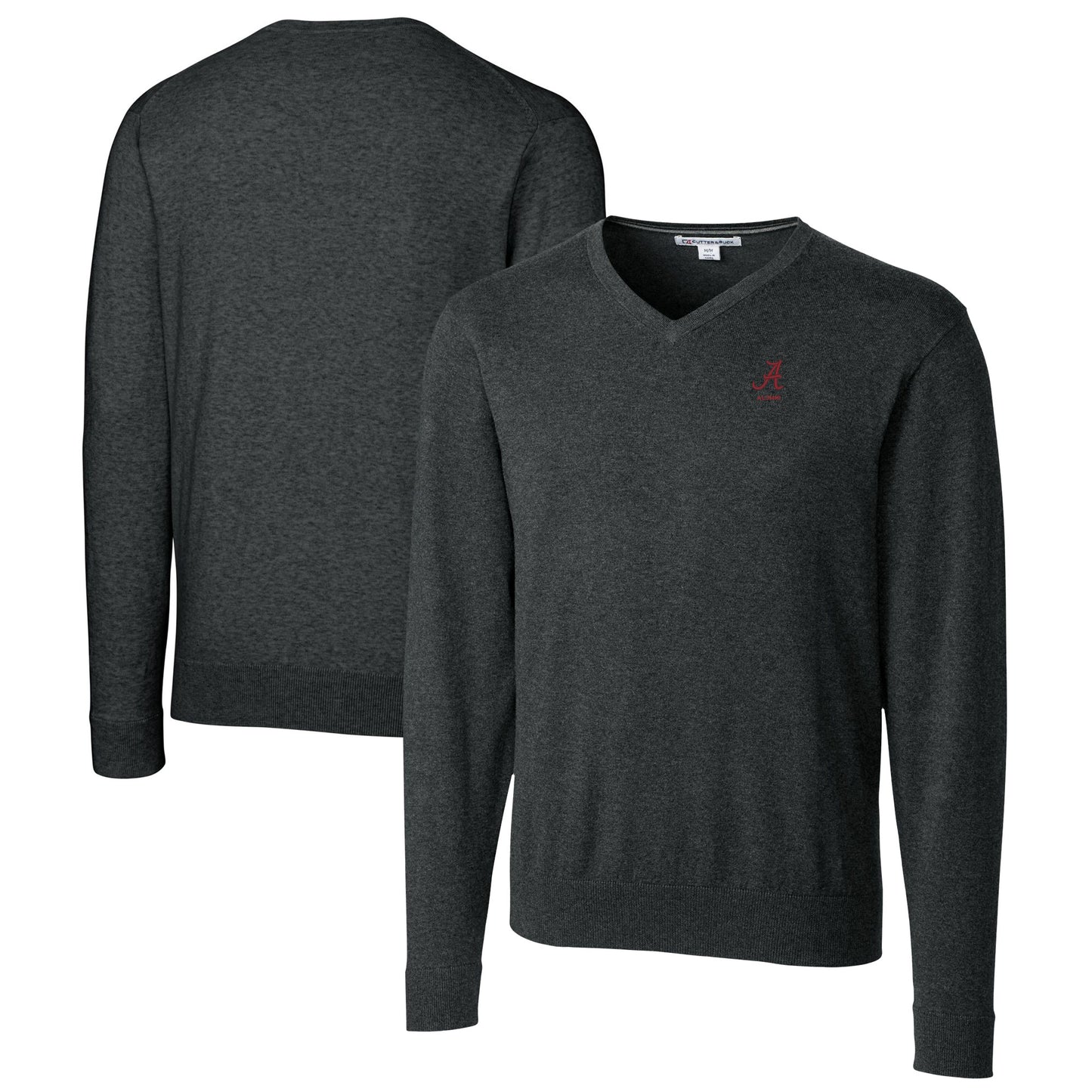 Men's Cutter & Buck  Heather Charcoal Alabama Crimson Tide Alumni Logo Lakemont Tri-Blend V-Neck Pullover Sweater