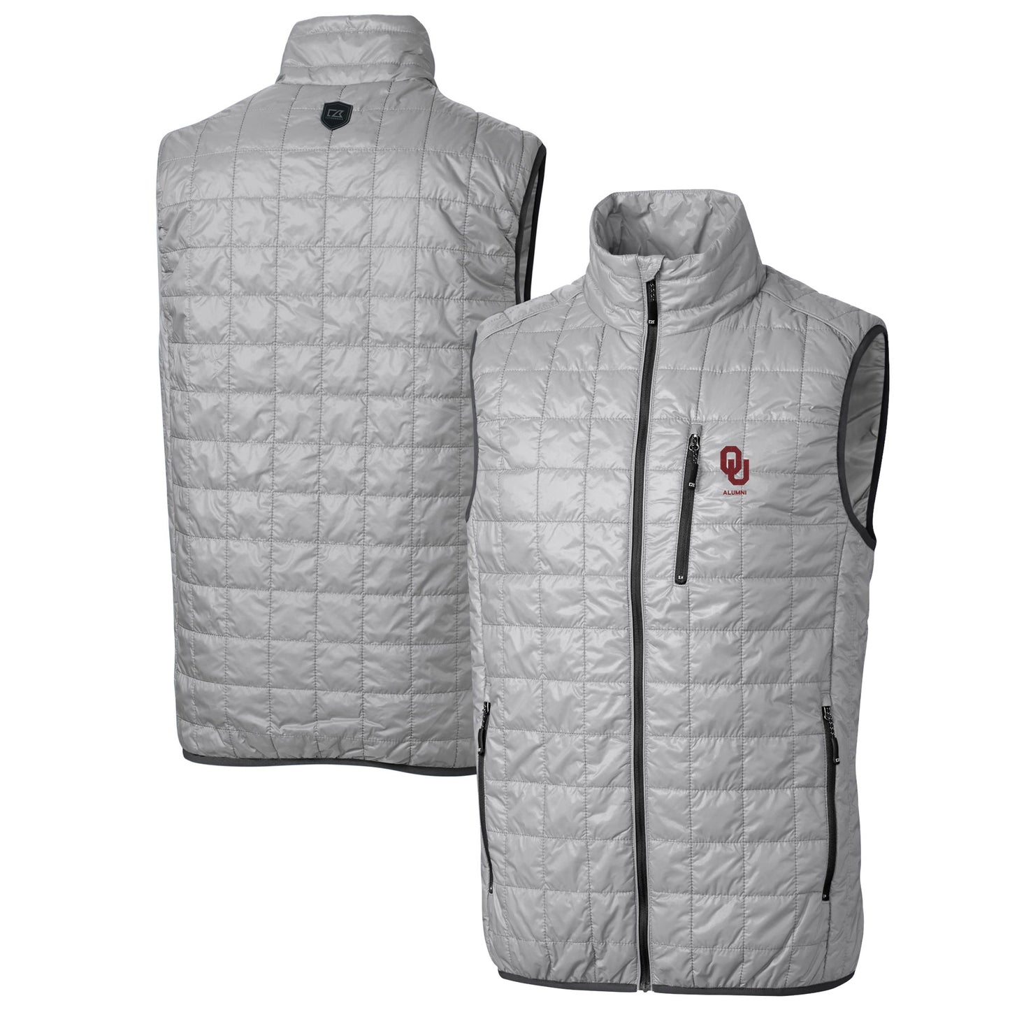 Men's Cutter & Buck  Gray Oklahoma Sooners Alumni Logo Rainier PrimaLoft Eco Insulated Full-Zip Puffer Vest