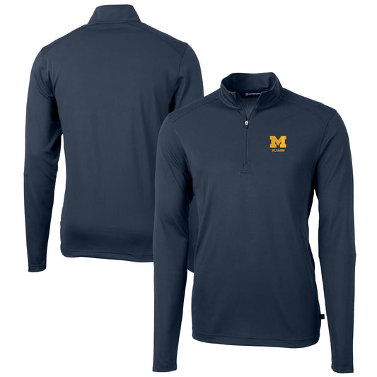 Men's Cutter & Buck  Navy Michigan Wolverines Alumni Logo Virtue Eco Pique Recycled Quarter-Zip Pullover Top