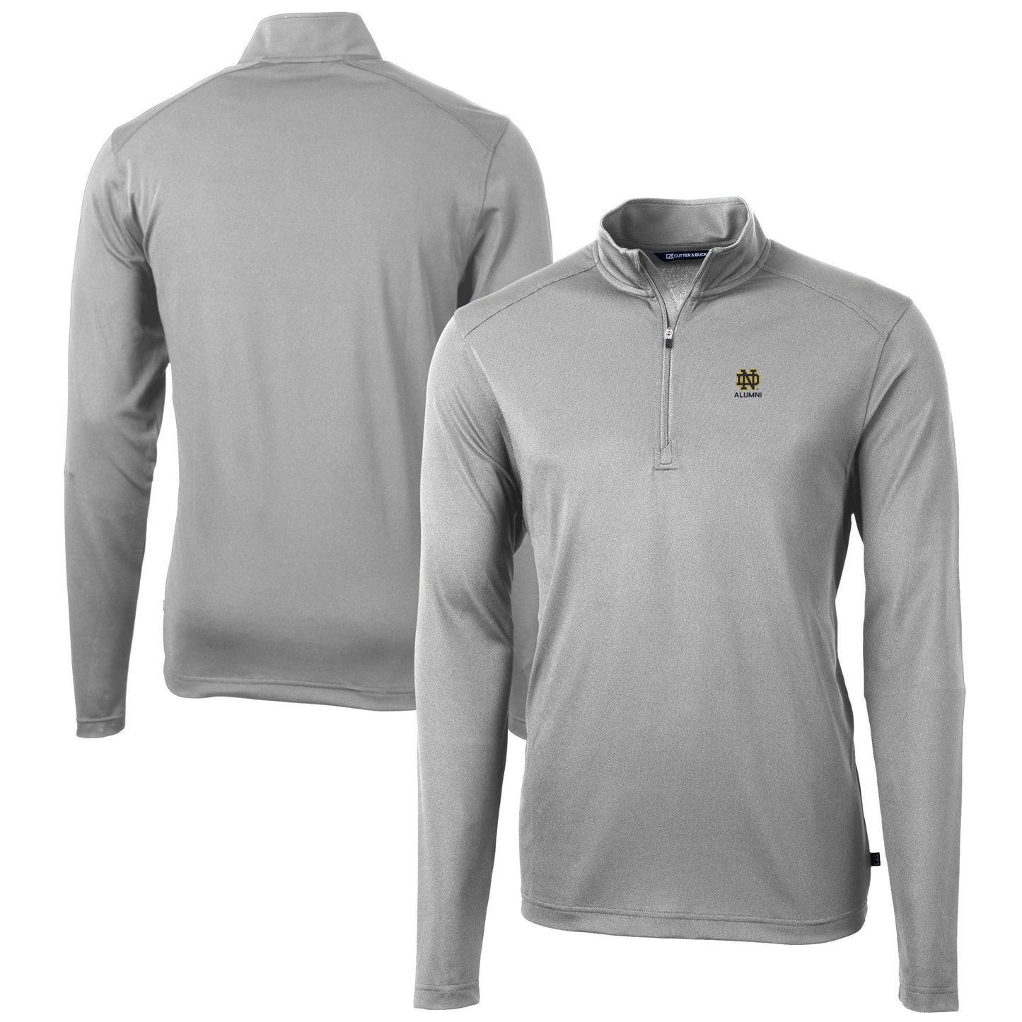 Men's Cutter & Buck  Gray Notre Dame Fighting Irish Alumni Logo Virtue Eco Pique Recycled Quarter-Zip Pullover Top