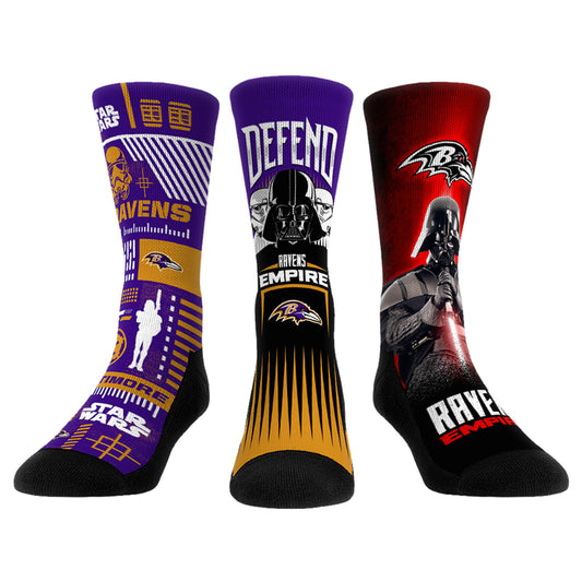 Rock Em Socks Stormtrooper & Darth Vader Baltimore Ravens Three-Pack Star Wars Crew Socks Set