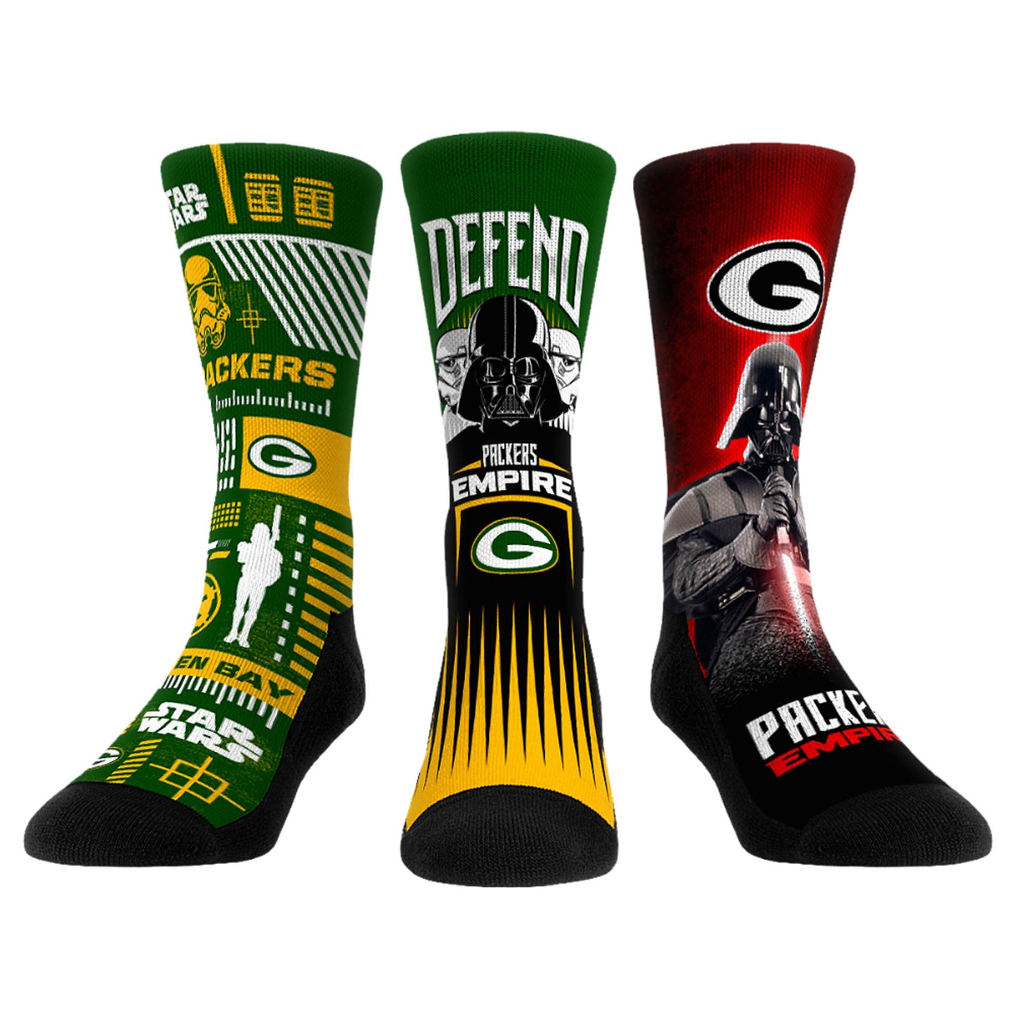 Rock Em Socks Stormtrooper & Darth Vader Green Bay Packers Three-Pack Star Wars Crew Socks Set