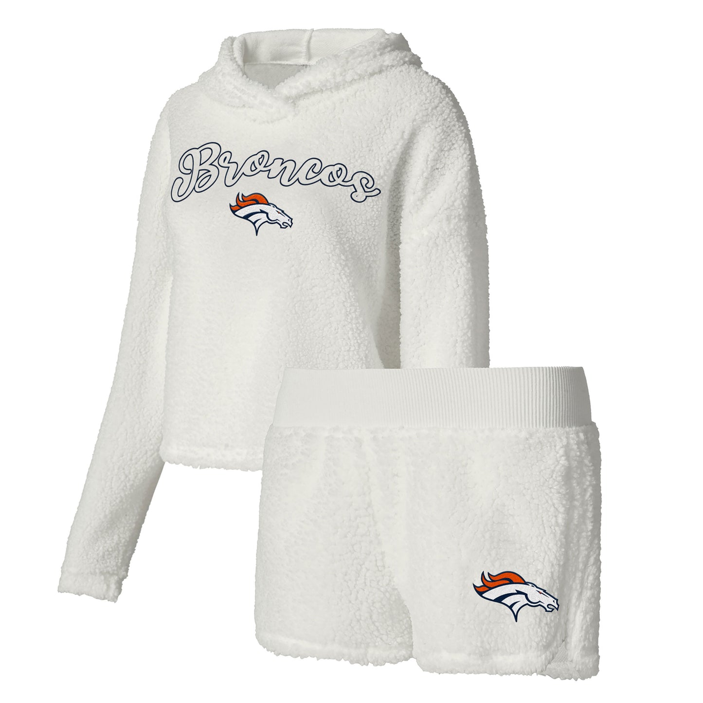 Women's Concepts Sport  White Denver Broncos Fluffy Pullover Sweatshirt & Shorts Sleep Set