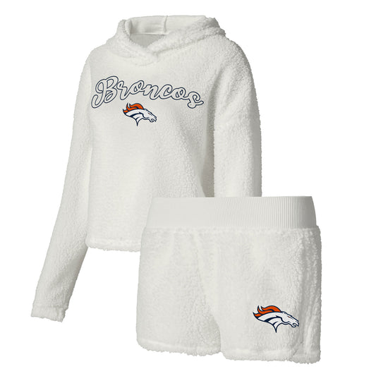 Women's Concepts Sport  White Denver Broncos Fluffy Pullover Sweatshirt & Shorts Sleep Set