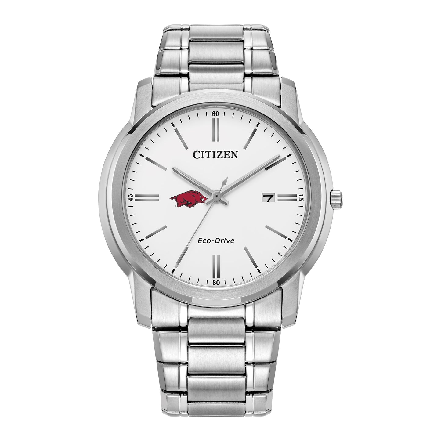 Men's Citizen Watch Silver Arkansas Razorbacks Eco-Drive White Dial Stainless Steel Watch