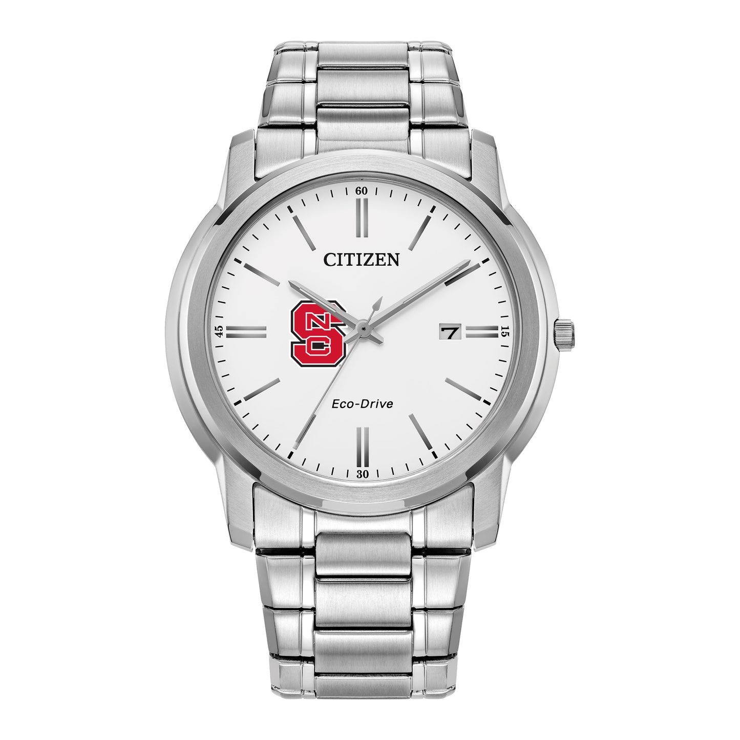 Men's Citizen Watch Silver NC State Wolfpack Eco-Drive White Dial Stainless Steel Watch