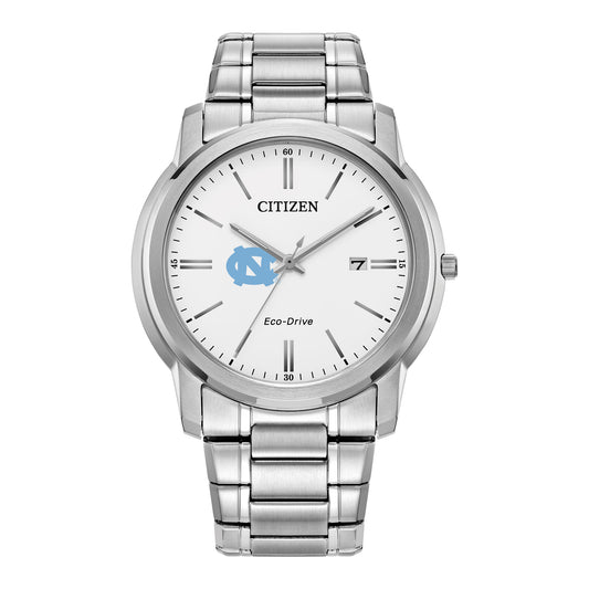 Men's Citizen Watch Silver North Carolina Tar Heels Eco-Drive White Dial Stainless Steel Watch