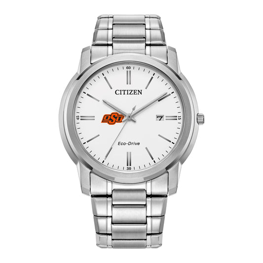 Men's Citizen Watch Silver Oklahoma State Cowboys Eco-Drive White Dial Stainless Steel Watch