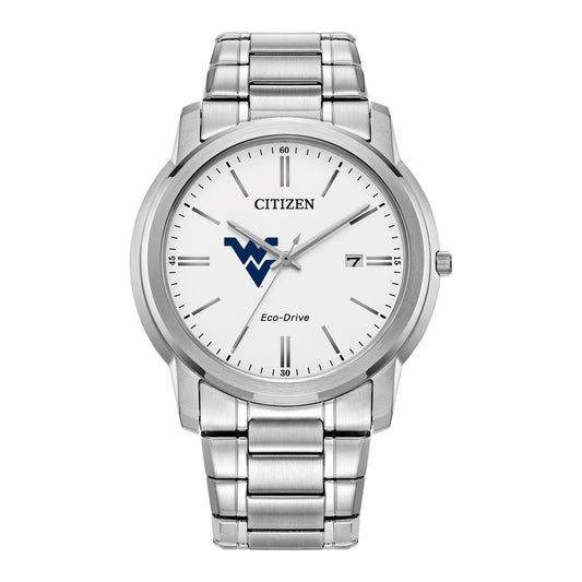 Men's Citizen Watch Silver West Virginia Mountaineers Eco-Drive White Dial Stainless Steel Watch