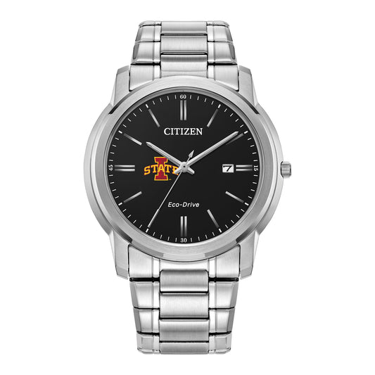 Men's Citizen Watch Silver Iowa State Cyclones Eco-Drive Black Dial Stainless Steel Watch