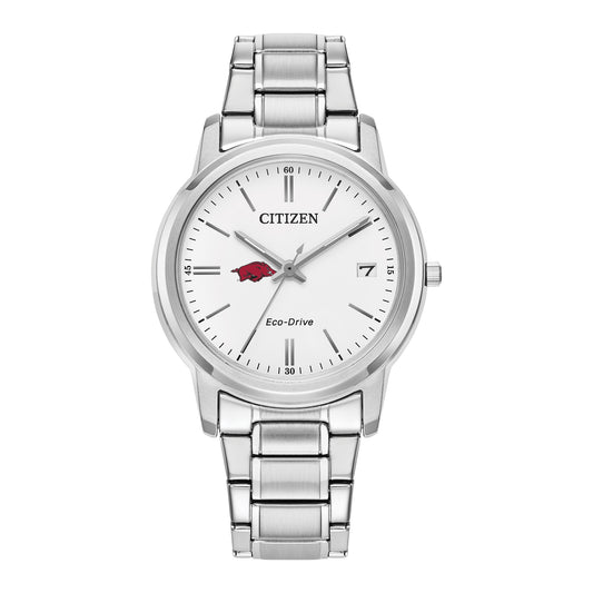 Women's Citizen Watch Silver Arkansas Razorbacks Eco-Drive White Dial Stainless Steel Watch