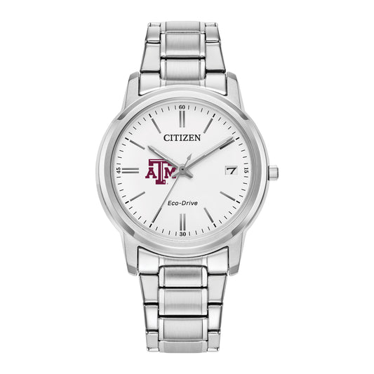 Women's Citizen Watch Silver Texas A&M Aggies Eco-Drive White Dial Stainless Steel Watch
