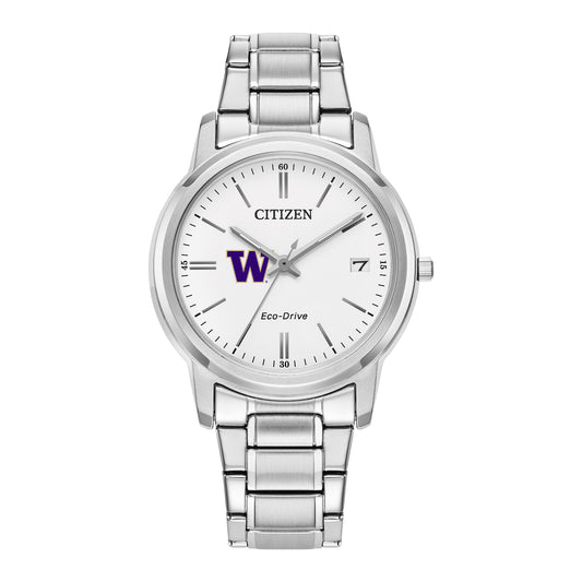 Women's Citizen Watch Silver Washington Huskies Eco-Drive White Dial Stainless Steel Watch