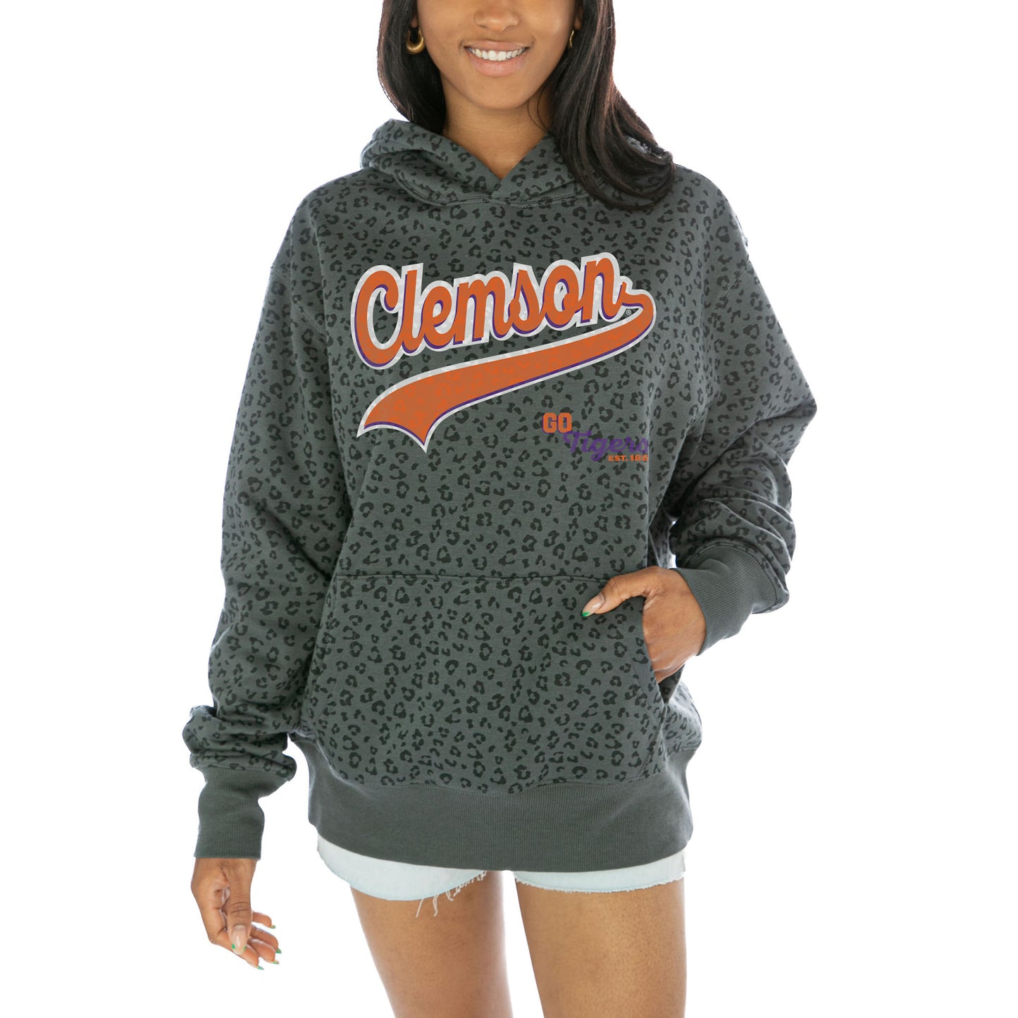 Women's Gameday Couture  Black Clemson Tigers Fierce Force Leopard Print Pullover Hoodie