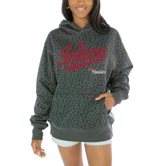 Women's Gameday Couture  Black Indiana Hoosiers Fierce Force Leopard Print Pullover Hoodie