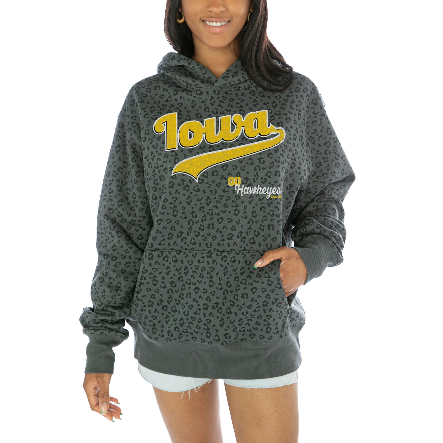 Women's Gameday Couture  Black Iowa Hawkeyes Fierce Force Leopard Print Pullover Hoodie