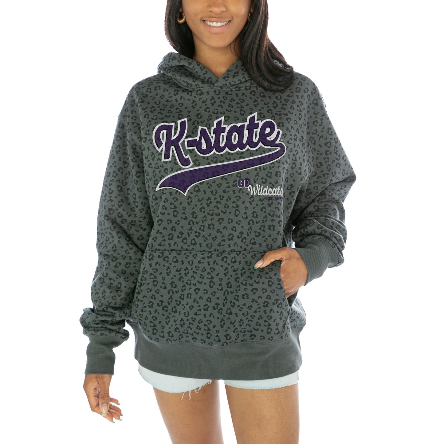 Women's Gameday Couture  Black Kansas State Wildcats Fierce Force Leopard Print Pullover Hoodie