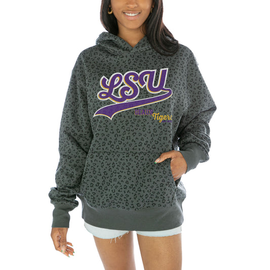 Women's Gameday Couture  Black LSU Tigers Fierce Force Leopard Print Pullover Hoodie