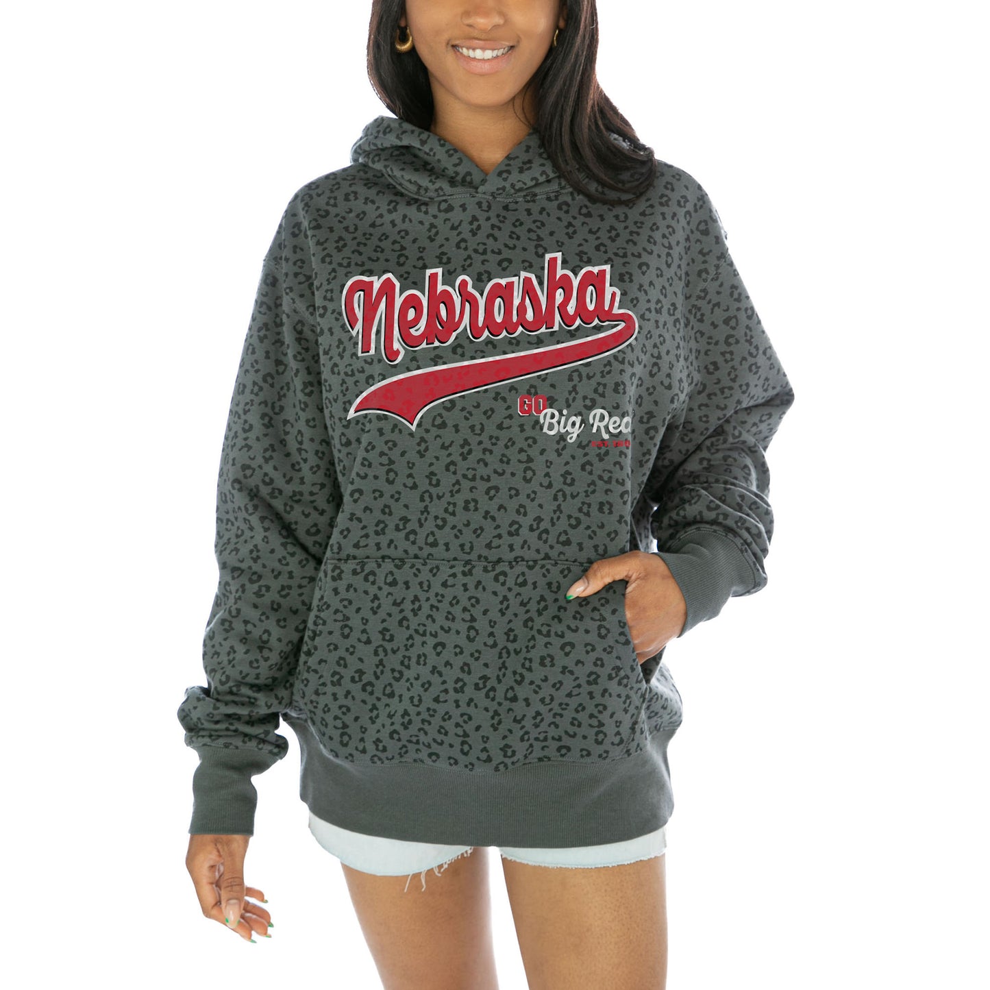 Women's Gameday Couture  Black Nebraska Huskers Fierce Force Leopard Print Pullover Hoodie