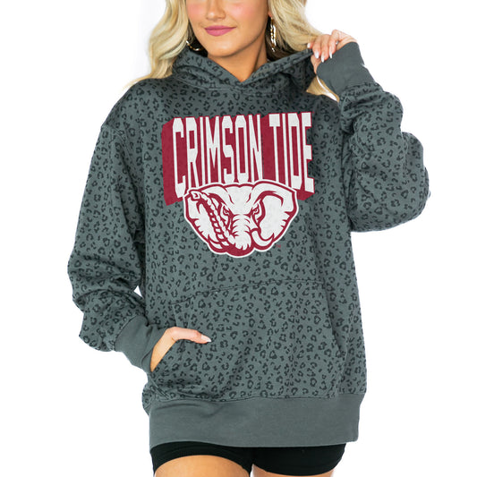 Women's Gameday Couture  Black Alabama Crimson Tide Running Wild Leopard Print Pullover Hoodie