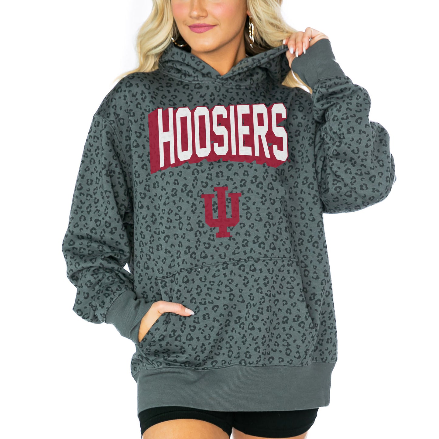 Women's Gameday Couture  Black Indiana Hoosiers Running Wild Leopard Print Pullover Hoodie