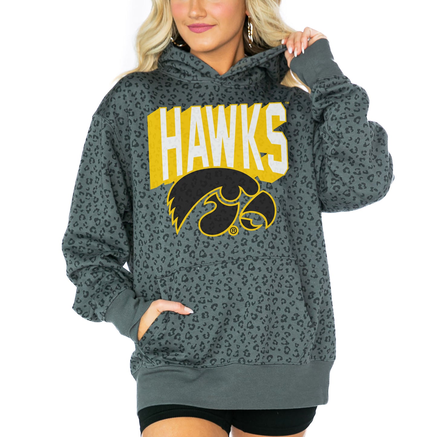 Women's Gameday Couture  Black Iowa Hawkeyes Running Wild Leopard Print Pullover Hoodie