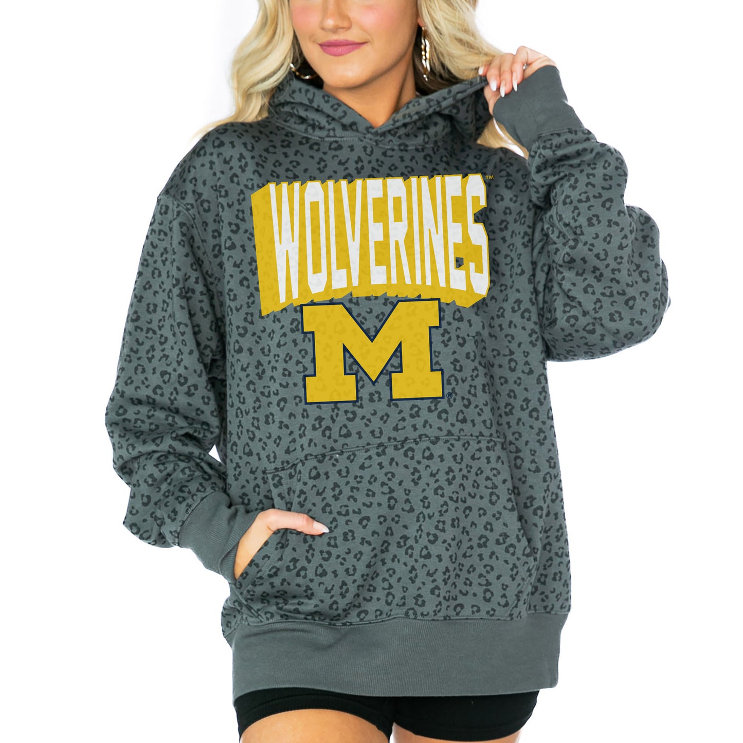 Women's Gameday Couture  Black Michigan Wolverines Running Wild Leopard Print Pullover Hoodie