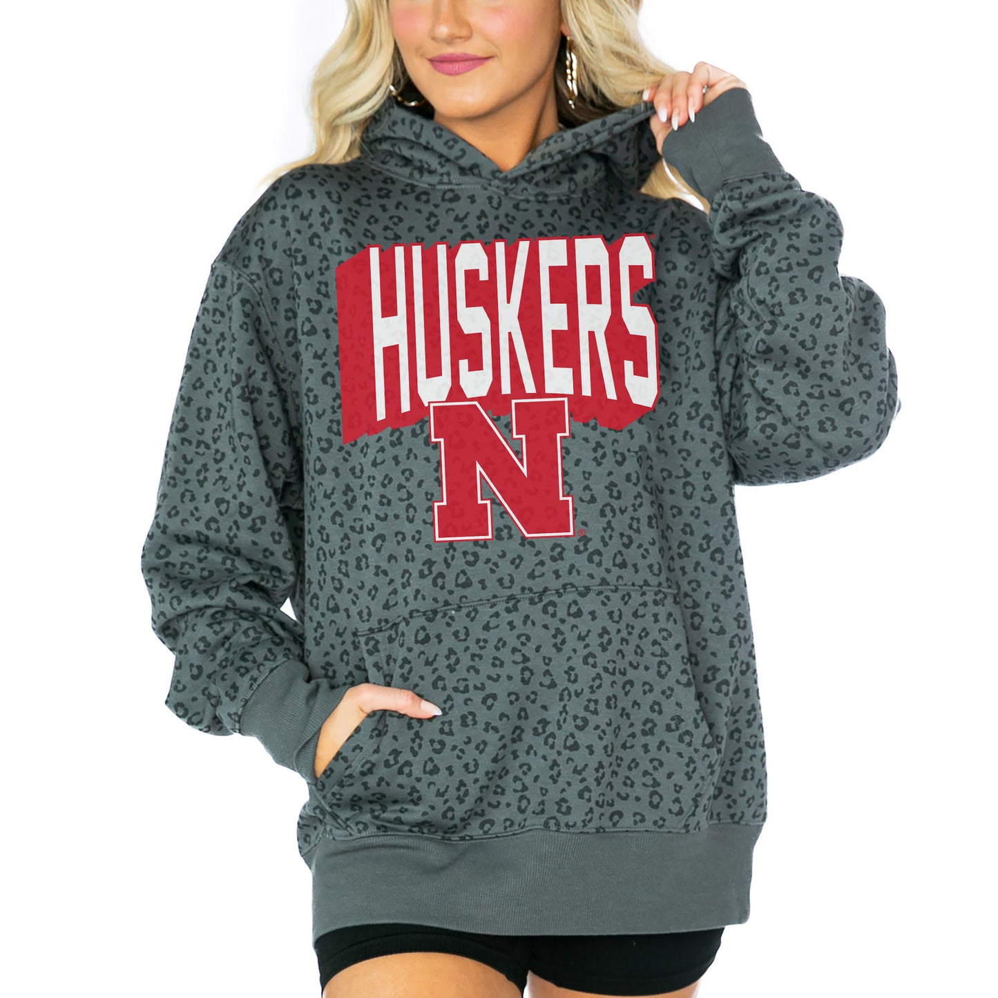 Women's Gameday Couture  Black Nebraska Huskers Running Wild Leopard Print Pullover Hoodie