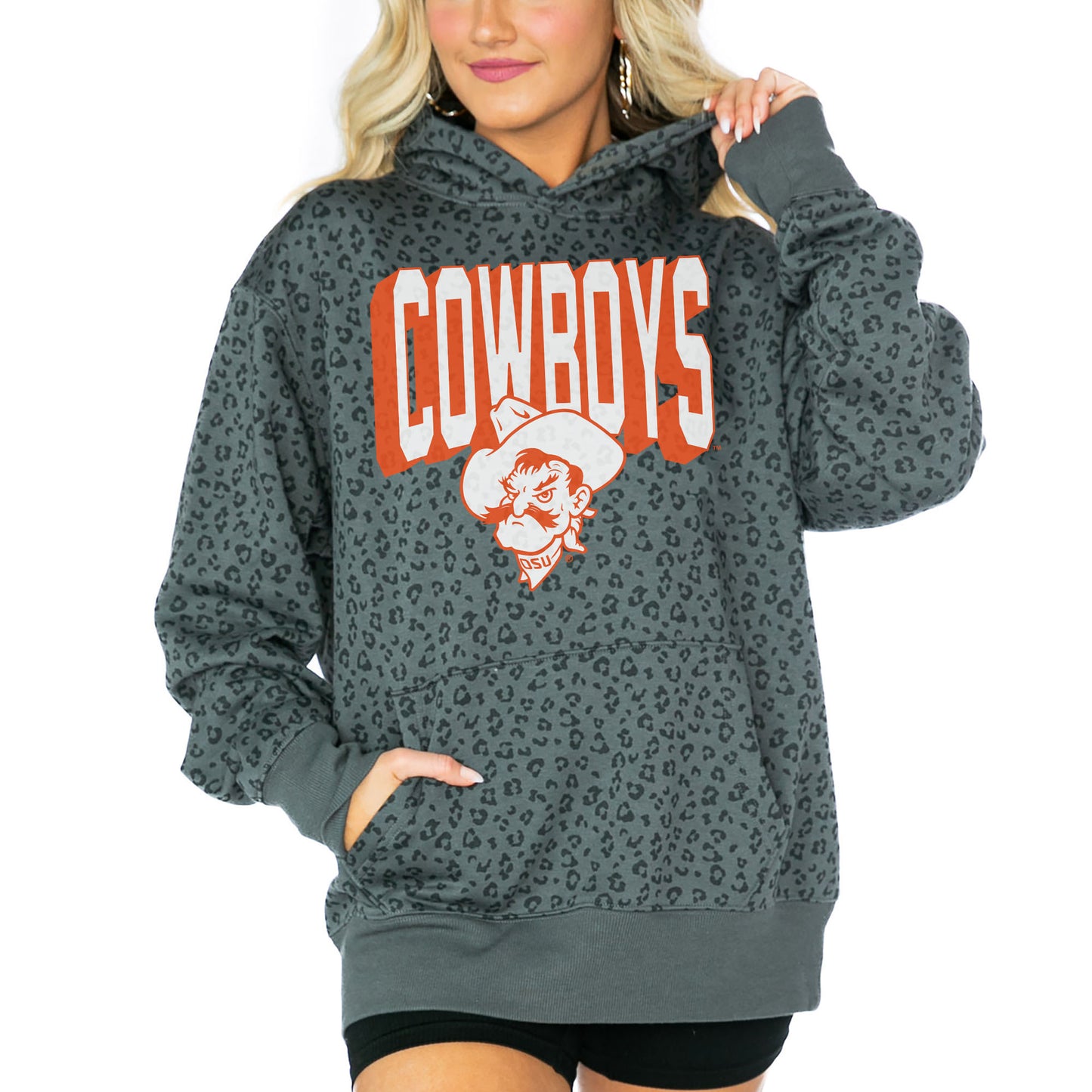 Women's Gameday Couture  Black Oklahoma State Cowboys Running Wild Leopard Print Pullover Hoodie