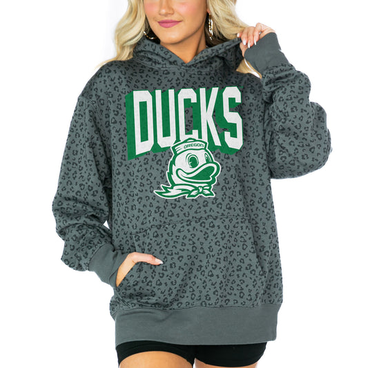 Women's Gameday Couture  Black Oregon Ducks Running Wild Leopard Print Pullover Hoodie