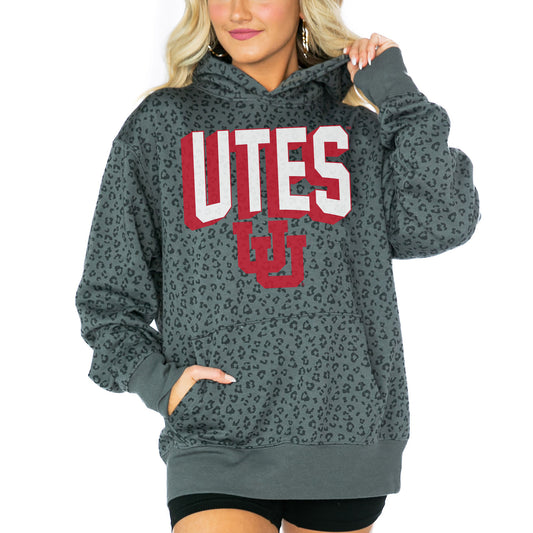 Women's Gameday Couture  Black Utah Utes Running Wild Leopard Print Pullover Hoodie