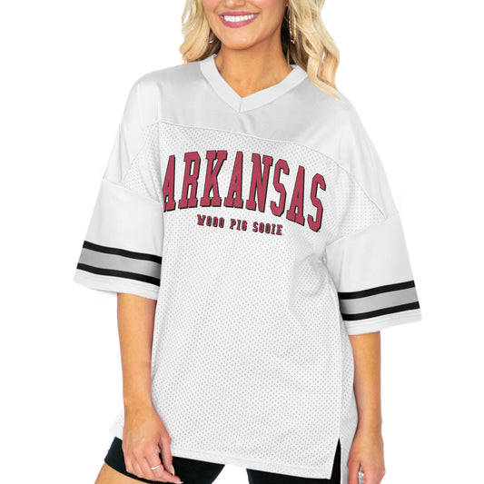 Women's Gameday Couture  White Arkansas Razorbacks Option Play Oversized Mesh Fashion Jersey