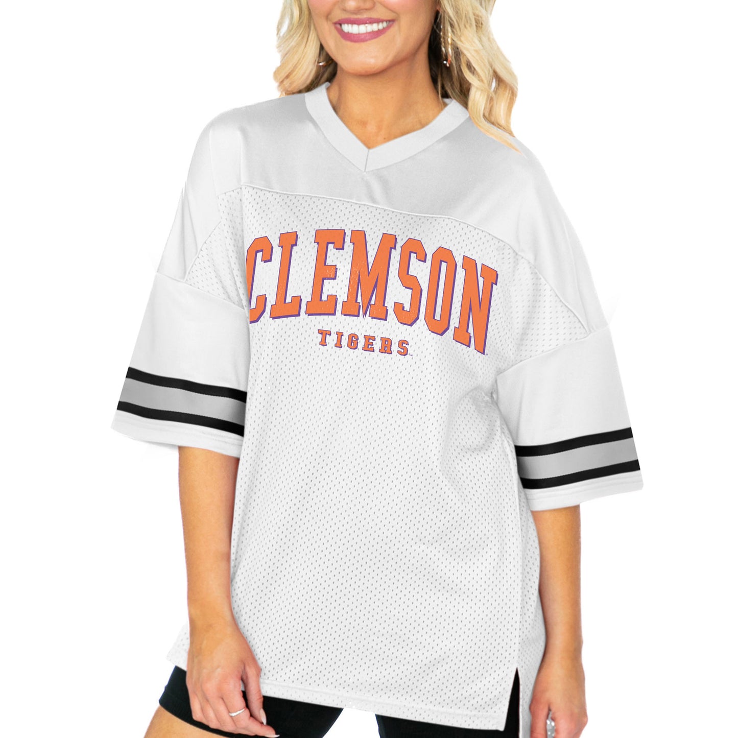 Women's Gameday Couture  White Clemson Tigers Option Play Oversized Mesh Fashion Jersey