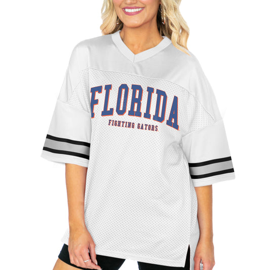 Women's Gameday Couture  White Florida Gators Option Play Oversized Mesh Fashion Jersey