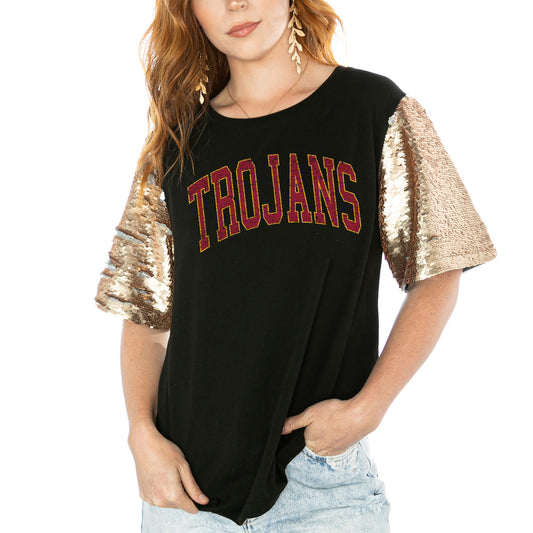 Women's Gameday Couture  Black USC Trojans Shine On Heavyweight T-Shirt