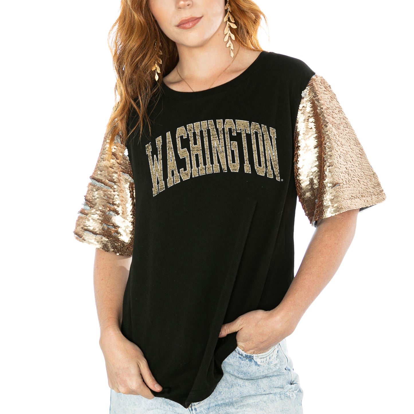 Women's Gameday Couture  Black Washington Huskies Shine On Heavyweight T-Shirt