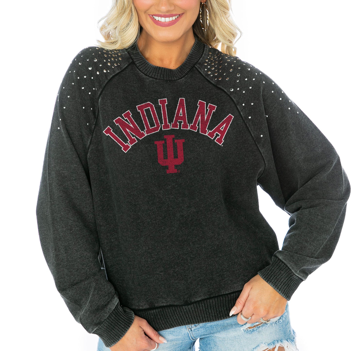 Women's Gameday Couture  Charcoal Indiana Hoosiers Don't Blink Studded Cropped Sweatshirt