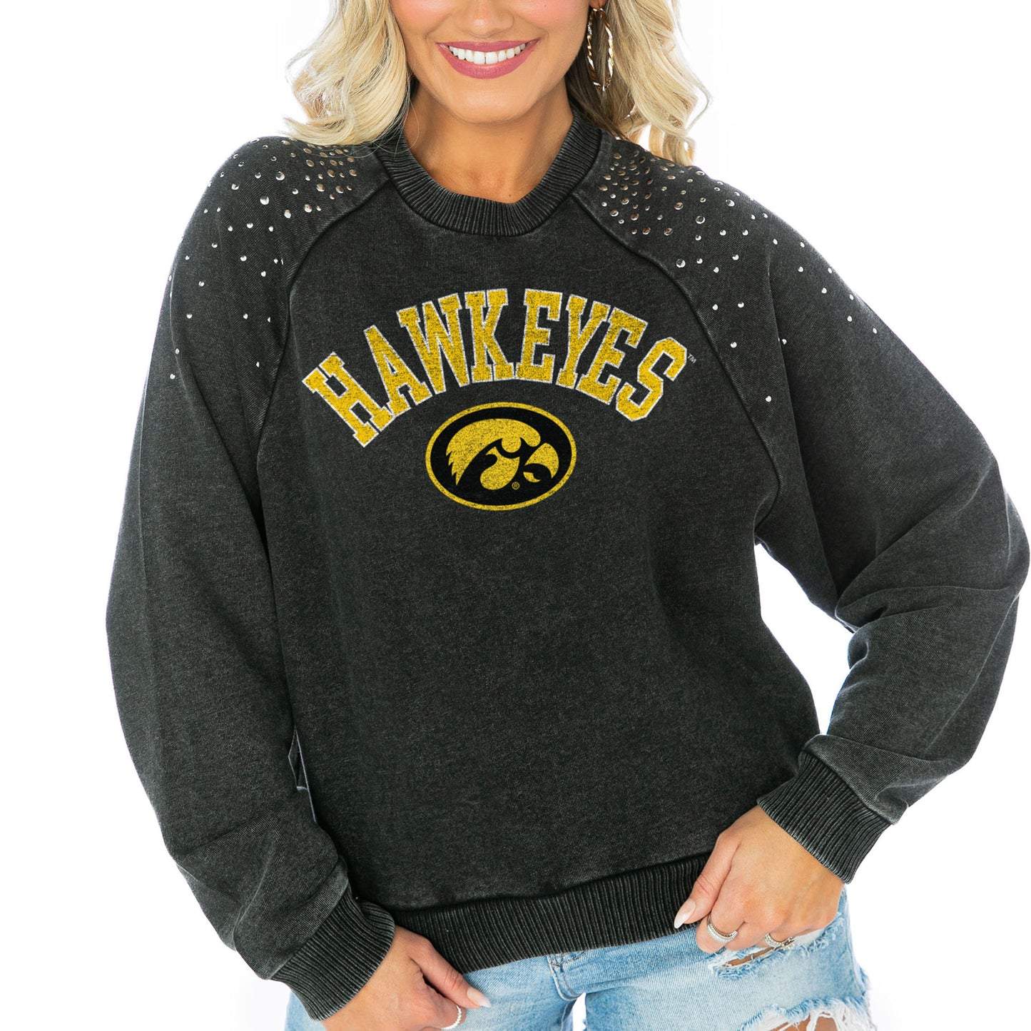 Women's Gameday Couture  Charcoal Iowa Hawkeyes Don't Blink Studded Cropped Sweatshirt