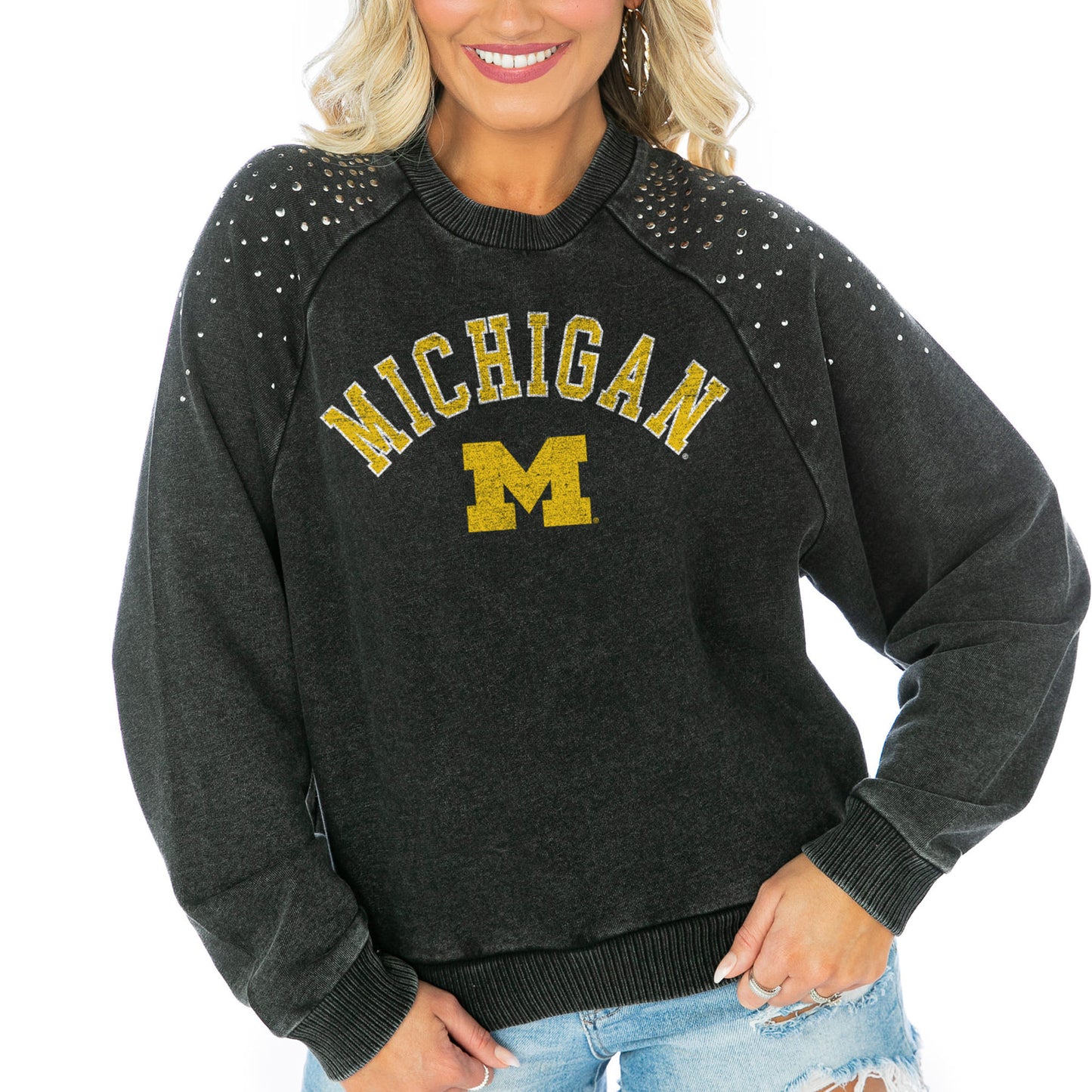 Women's Gameday Couture  Charcoal Michigan Wolverines Don't Blink Studded Cropped Sweatshirt