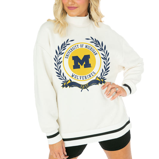 Women's Gameday Couture  White Michigan Wolverines Mock Neck Power Play Pullover Sweatshirt